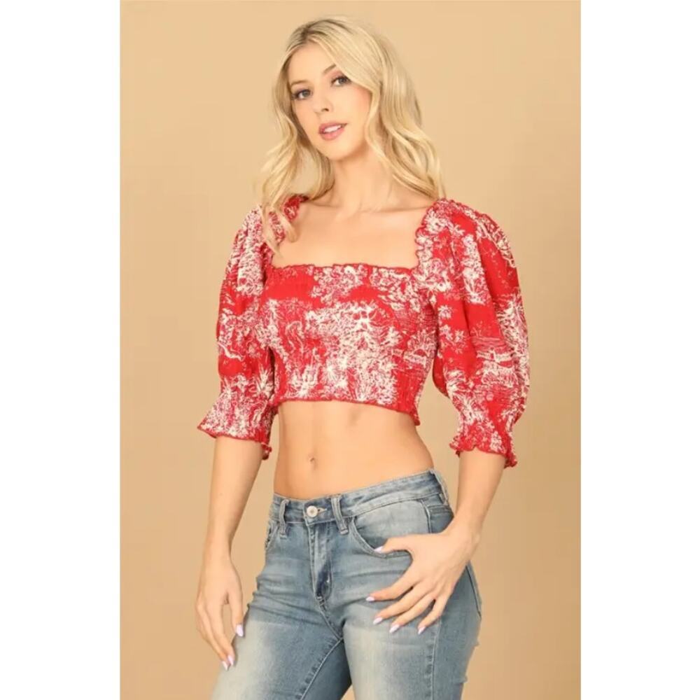 Red Toile Print Smocked Cottagecore Crop Top Puff Sleeve Size Medium - Picture 2 of 6